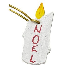 Christmas handmade tree ornament wood Noel candle flame white yellow joy READ